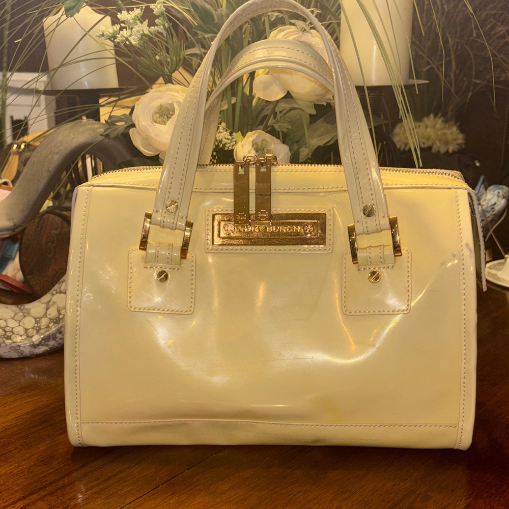 Tory Burch Cream Patent Satchel with Gold Hardware